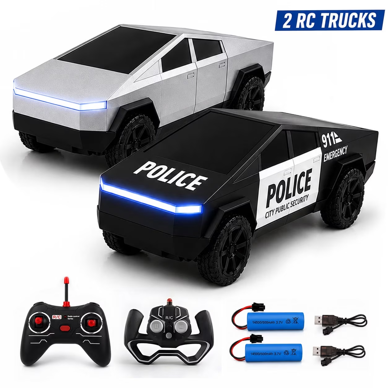 Rc Hobby Horizon - 2個セット RCサイバートラックおもちゃ ラジコンカー シルバーピックアップポリスカー LEDライト付き 電動レーシングカー